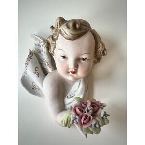 Antique Lefton Porcelain Angel Japan Wall Hanging Holding Flowers